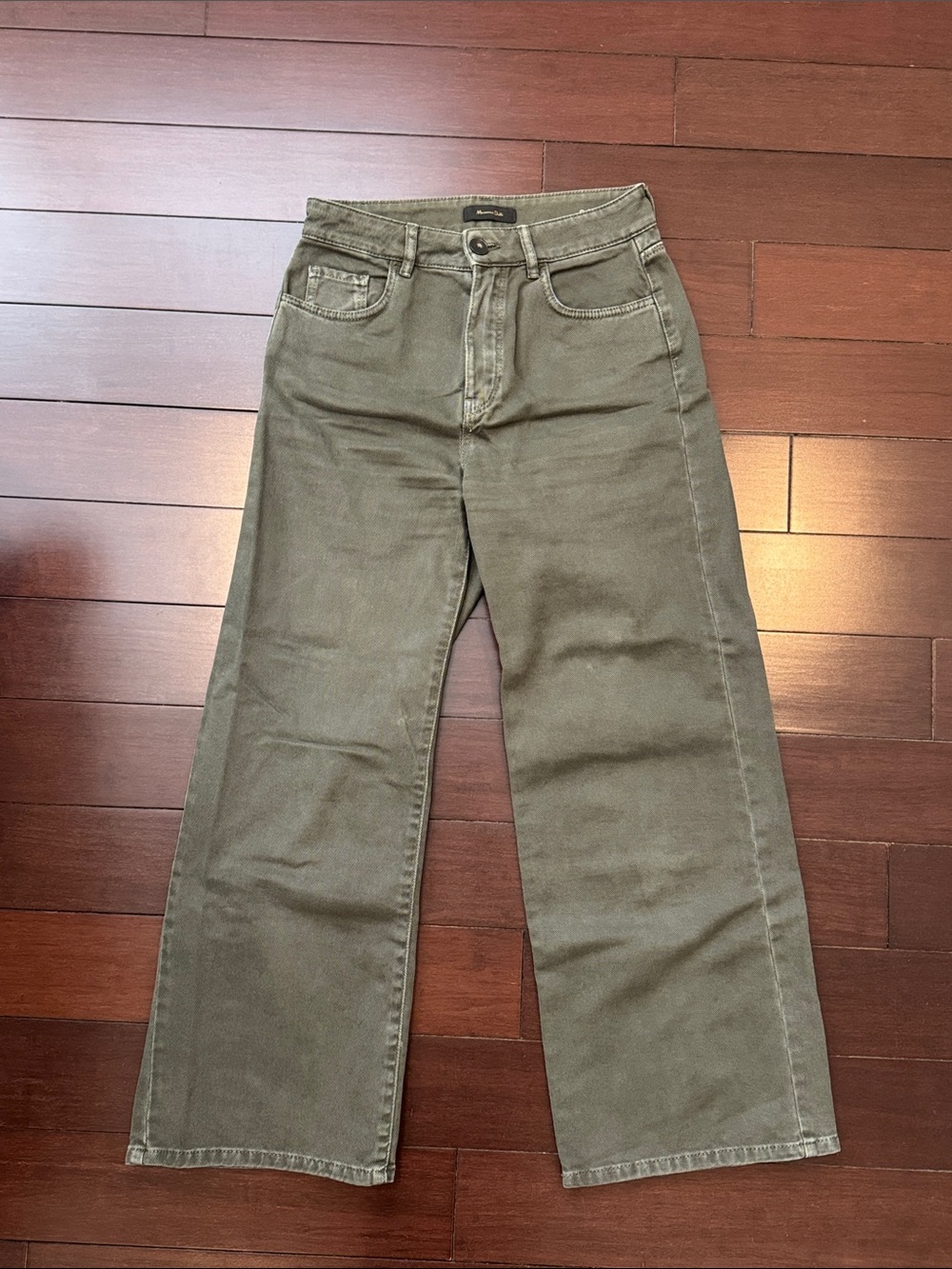 Massimo Dutti Olive Green Twill Trousers with Branded Waist Label